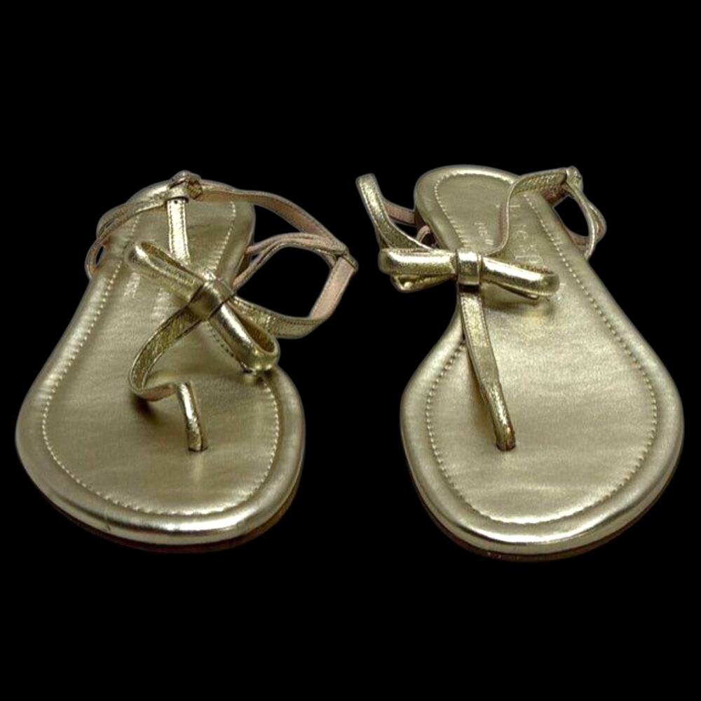 Women's Sz 7 KATE SPADE Gold Metallic Leather Strappy Flip Flop Bow Sandals EUC